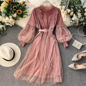 Casual Dresses Spring Autumn Winter Women Lace Party Birthday Dress Elegant Female Long Lantern Sleeve Sashes Ladies Vestidos JW5056