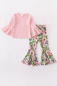 Kläder sätter Girlymax Fall/Winter Baby Girls Pink Flare Sleeve Top Print Milk Silk Floral Flower Bell-Bottoms Pants Set Kids