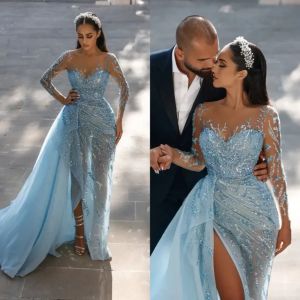 Arabic Style Sky Blue Meramid Prom Party Dresses Lace Sexy V Neck Long Sleeves Side Slit Evening Occasion Gowns Vestidos De Festa
