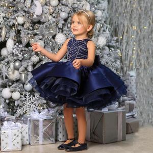 Mädchenkleider Pailletten Tiefblaues Babykleid Flauschige Blume Knielang Für Mädchen Schleife Puffy Erstkommunion