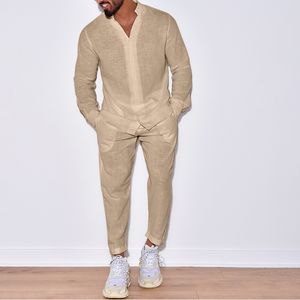 Men's Tracksuits 2023 Spring Fall Mens Suits Casual Cotton Linen Loose Solid Color Two Piece Set Leisure V Neck Shirt And Pants Outfits Men 230206