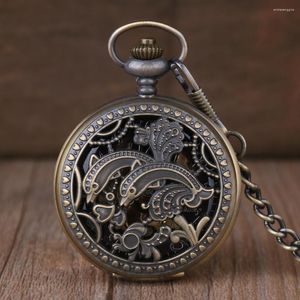 Pocket Watches vintage esculpida hollow bronzecute golfinhos mecânicos relógio estilo moda de natal pingente steampunk