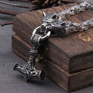 Pendant Necklaces Stainless Steel Wolf Head with Square Chain Necklace thor's hammer mjolnir viking necklace with wooden box as boyfriend gift G230206