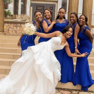 Royal Blue Bridesmaid Dresses V Neck Mermaid Satin Floor Length Sleeveless Ruched Custom Made Plus Size Maid Of Honor Gowns 403