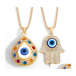 Anhänger Halsketten Fatima Hand Halskette Türkei Böse Blaue Augen Diamant Pullover Kette Hohl Glück Anhänger Einstellbare Splitter Gold Turk Dhmrq