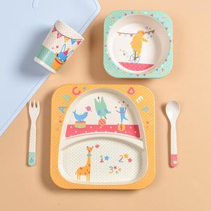 Flatware Sets Bamboo Fiber Children's Cutlery Set Creative Cartoon Bowl Compartment Plate Spoon Fork Cup Five-piece Gift Tableware