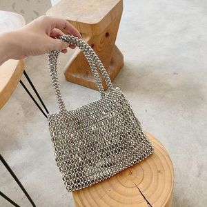 Evening Bags Fashion Silver Metallic Handbag For Women Shining Hand Woven Sequined Wristlets Vintage Sequins Shopping Bag Female 2023