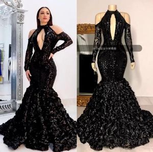 2023 Black Tiered Skirts Prom Dresses African High Neck 3D Lace Flowers Sequined Evening Gowns Plus Size Reflective Party Dress