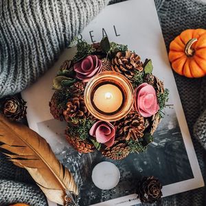 Portacandele Centrotavola per tavola di nozze rosa Decorazione per pigne per feste Candeliere di Natale in fattoria Portacandele rustico