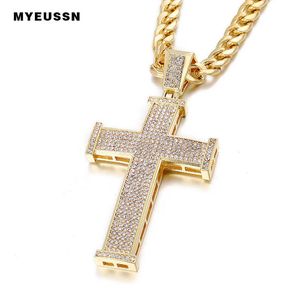 Kolye kolyeleri buzlu parlayan kristal çapraz kolye altın renkli erkekler moda çapraz kolye zinciri erkekler hip hop rapçi küba kolye g230206