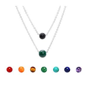 Pendanthalsband 8mm Lava Rock and 10mm 7 Color Chakra Stone Mtilayered Sier Rostfri Steel Chain for Women Fashion Jewelry Drop D OTLM7