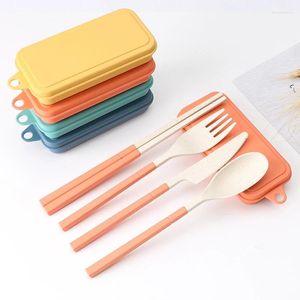 Geschirr-Sets 4PCS Set Weizenstroh Besteck Löffel Gabel Essstäbchen Faltbares Geschirr mit Box Reisegebrauch Tragbares Küchenzubehör