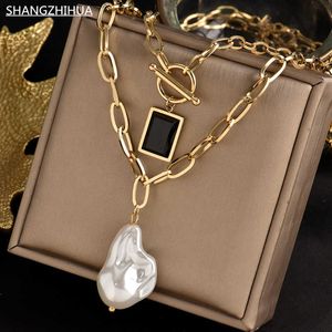 Pendant Necklaces Classic Luxury Titanium Steel Double Semi-Precious Pearl Pendant Necklace For Women's Gothic Sweater Chain Fine Jewelry Gifts G230206