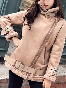 Women's Leather & Faux Ailegogo Autumn Winter Women Suede Short Jacket With Belt Streetwear Moto Biker Female Thick Warm Coat OutwearWomen's