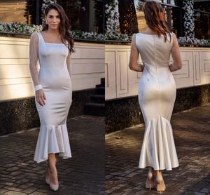 Modest Ankle Length Cocktail Dresses Mermaid Jewel Neck Sheer Long Sleeve Mother of Bride Groom Dresses Formal Occasion Evening Prom Gowns Buttons Back BC15107