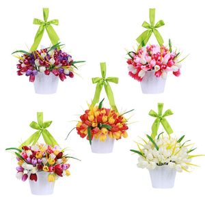 Dekorativa blommor kransar konstgjorda hängande med hink falsk tulpan välkomstskylt lycklig vår för mors dag ytterdörr väggdekord