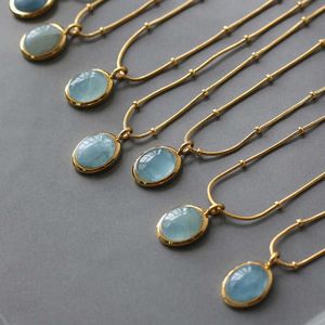Pendant Necklaces Ladies Best Jewelry Gift Stainless Steel Gold Plated Beads Chain Vinatge Oval Aquamarine Stone Pendant Necklaces for Women G230206