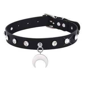 Hänghalsband månen gotisk choker halsband för kvinnor flickor svart läder strass halvmåne chocker krage smycken rave tillbehör 0206