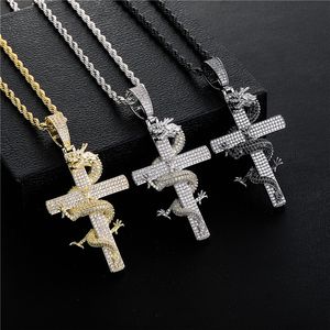 18k Guldpl￤terad Winding Dragon Cross Pendant Necklace Iced Out Zircon Mens Bling Hip Hop Jewelry Gift