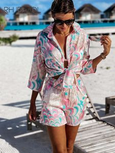 Kvinnors tvåbitar byxor Summer Long Sleeve Shorts Shorts 2 Bluset Set Fashion Print Ladies Vintage Holiday Beach Casual 230206
