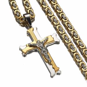 Pendant Necklaces Cross Pendant Necklace New Fashion Male Jewelry Trendy Silver Color Gold Color Stainless Steel Thick Link Byzantine Chain Choker G230206