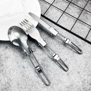 Dinnerware Sets Outdoor Portable Folding Tableware Stainless Steel Fold Knife And Fork Spoon Picnic Three-piece Set Kitchen Utensils