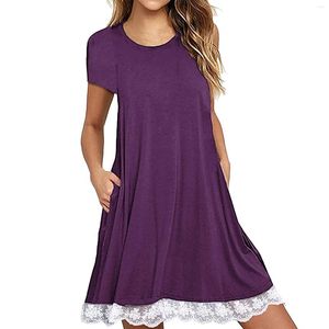 Blouses feminina Mulheres Summer Summer Fall Crew pescoço de manga curta Lace Hem camise