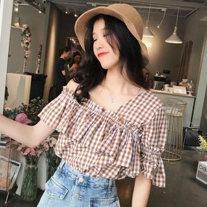 Women's Blouses & Shirts Summer Short Sleeve Shirt Ladies Fashion Woman 2023 Sexy Off Shoulder Plaid Top Women Blouse Female Clothing Y588Wo