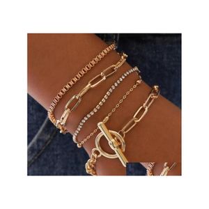 Charm Bracelets Fashion Jewelry Mti Layer Bracelet Set Ot Buckle Rhinstone Beads Geometric Hollowed Chain Drop Delivery Dhdbe