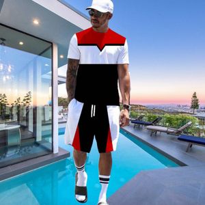 Herrspårsvarumärke 3D Tryckt Summer O Collar Sports Suit Overized Street Fashion Twopiece Breattable Short Sleeve Shorts 230206