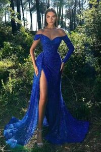 Sparkly Royal Blue Pequined Prom Dresses Mermaid Style Side High Split Off Shoulder One Long Sleeve Sexig Formal Evening Gowns Women Special Occase Wear