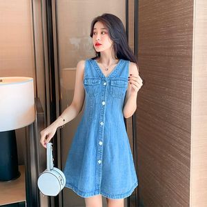 Casual Dresses Summer Style Women V-ringen Solid Single Button Sleeveless Vest Strap Jeans Dress for Weals Denim One-Piece