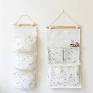 Storage Boxes Lavender Fresh Cotton Linen Hanging Bag Wall Decoration Three Pocket Household Miscellaneous Goods Pouch