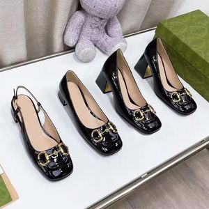 Women Dress Shoes designer shoes spring autumn fashion Square toe Coarser heel high heels leather Metal buckle Sandals lady heeled boat shoe Large size 35-42 With box