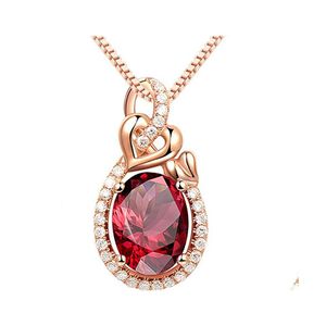 Pendant Necklaces Rose Gold With Round Ruby Zircon Gemstone Heart Necklace For Women Wedding Gift Jewelr Yzedibleshop Drop Delivery Dhu1J