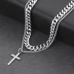 Choker MultiLayer Chunky Necklace For Girl Women Stainless Steel Cross Pendant Chain Jewelry Chocker Collier NC199