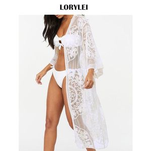 Sarongs Sexy See Through Women Summer Beach Wear Bikini Wrap Dress Lace Tunic Cover Up Pareo Plage Long Kimono Cardigan N767