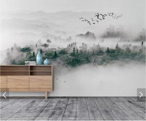 Bakgrundsbilder Misty Forest Wallpaper Flying Birds Mural For Living Room 3d Wall Murals Po Nature Foggy Pine Forests