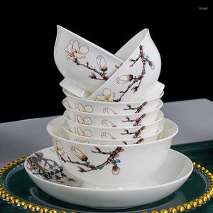 Ciotole Jingdezhen Stoviglie in ceramica Ciotola di riso Piatto di frutta Cucchiaio da minestra Bone China Stoviglie Home Dessert Bistecca Piatti Piatto rotondo