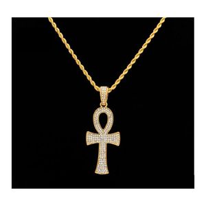 Anhänger Halsketten Hiphop Ägyptischer Ankh Schlüssel Gold Silber Bling Strass Kristall Kruzifix Kreuz Halskette Für Herren Hip Hop Party Schmuck Othsw