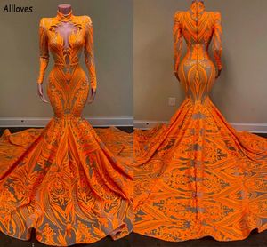 Stunning Orange Lace Mermaid Prom Dresses Arabic Aso Ebi High Collar Long Sleeves Vintage Evening Party Gowns For Women Plus Size See Through Formal Dress CL1789