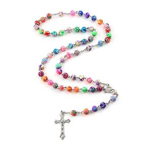 Pendant Necklaces 8mm Colorful Polymer Clay Bead Rosary Necklace Alloy Cross Virgin Mary Centrepieces Christian Catholic Religious JewelryPe