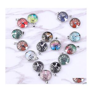 Pendant Necklaces Natural Stone Hollow Tree Of Life Pink Tigers Eye Healing Crystal Charms Rose Quartz For Necklace Jewelry Making W Dhilj