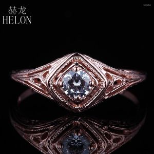 Cluster Rings HELON Solid 14K Rose Gold Round Cut 4mm Genuine Moissanites Engagement Ring Fine Wedding Vintage Antique Solitaire Jewelry