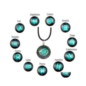 Pendant Necklaces Glass Galaxy 12 Constellation Design Zodiac Sign Horoscope Astrology Luminous Charm Stainless Steel Leather Rope N Dhp96