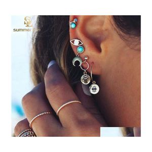 Stud Evil Lucky Eyes Moon Earrings Set For Women Bohemian Palm Hamsa Hand Resin Jewelry Drop Delivery Dhycz