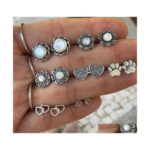 Stud Fashion Jewelry Vintage Earrings Set Heart Pearl Flower Pet Paw Cute 7Pairs/Set Drop Delivery Dhe1O