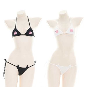 Seksi set bikini sevimli kedi pençe baskı iç çamaşırı mikro egzotik iç çamaşırı elbise lolita hizmetçisi cosplay kawaii bra ve panty mayo y2302