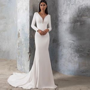 Wedding Dress Other Dresses Simple Long Sleeves Mermaid For Women Satin Elegant V-Neck Beading Open Back Sweep Train Bridal Gown Custom Made