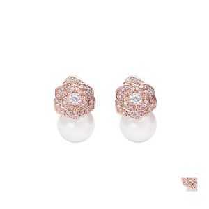 Stud Lovely Diamond Zircon Camillia Camillia Çiçek İnci Küpeler Kadın Kızlar Süper Parıltılı İns Moda Lüks Tasarımcı 925 Sier Post Dh4ta